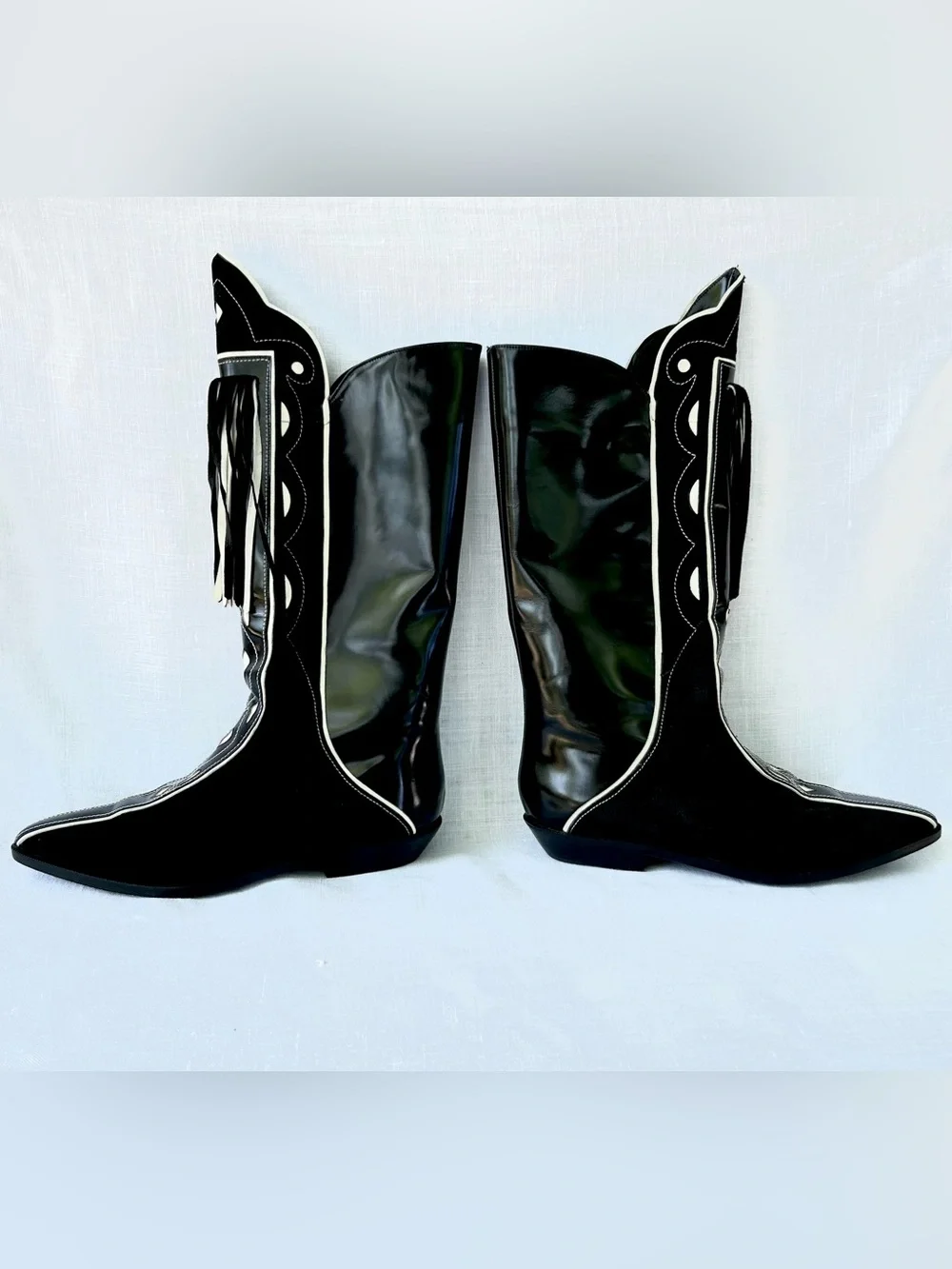 Rare Vintage 80s Charles Jourdan Black Patent & Suede Fringe Western CowboyBoots - Picture 3 of 16
